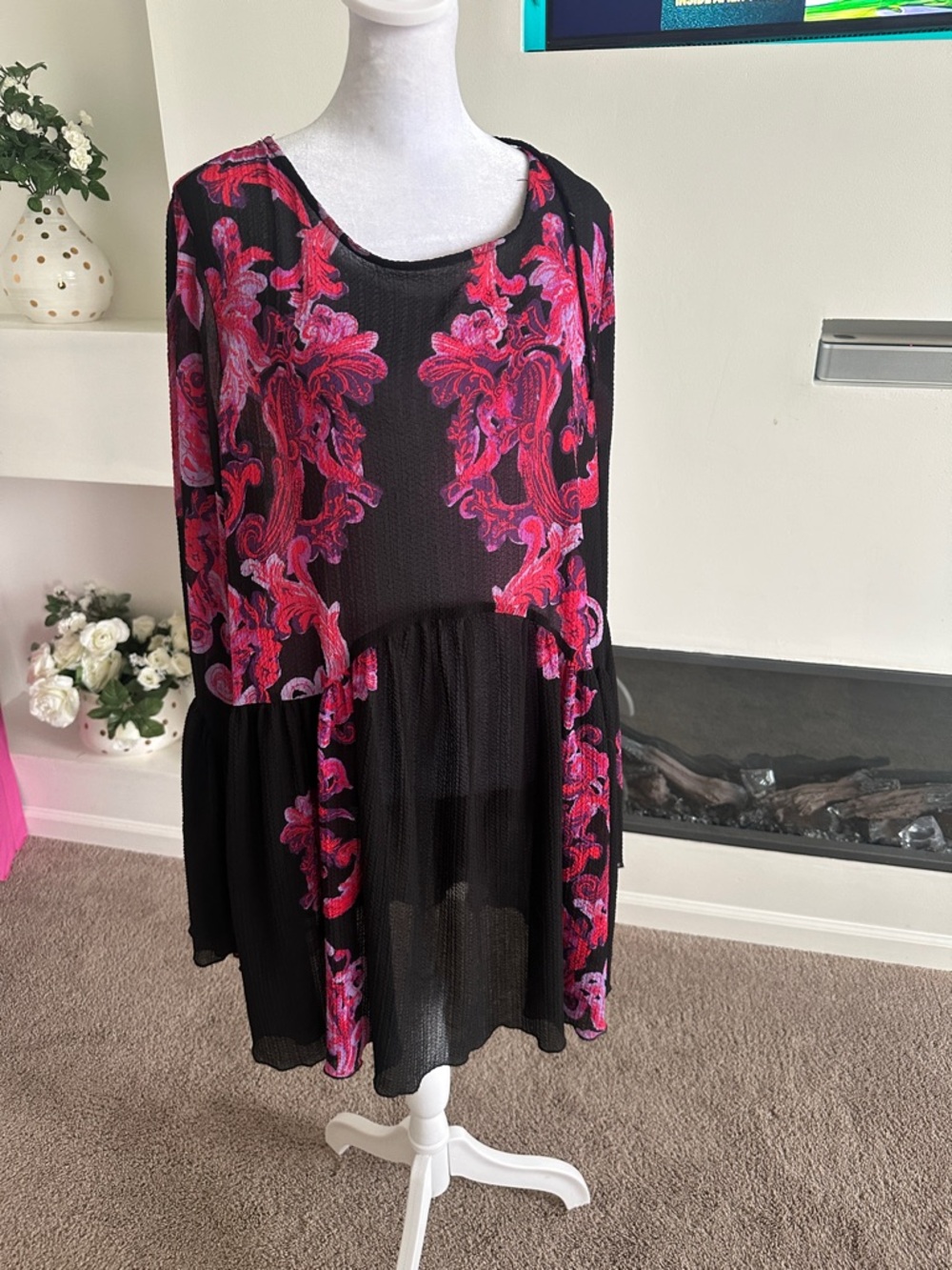 Intimately by free people Black Long-Sleeve Dress with Pink Floral Scroll Print